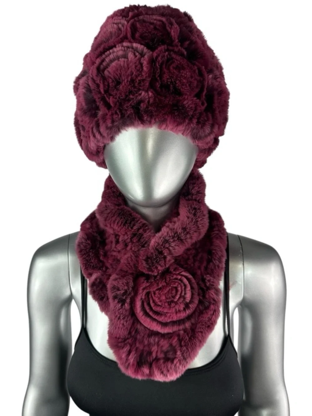 Rose REX RABBIT Hat and Scarf w/Rosettes, One Size 21”-23” w/Stretch, Certified